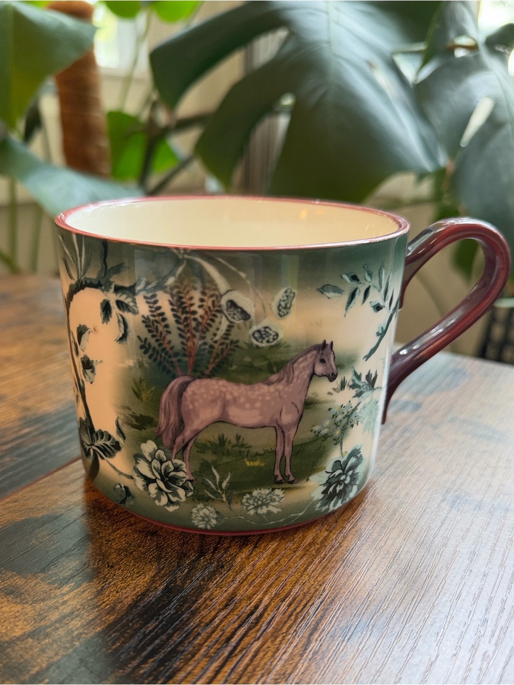 Anthropologie Horse Botanical Mug Pink Green Floral Equestrian